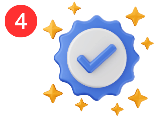 Blue quality seal with checkmark and gold stars; step 4
