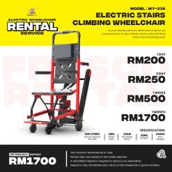 Red electric stair climbing wheelchair for rent in Malaysia. RM200/day.