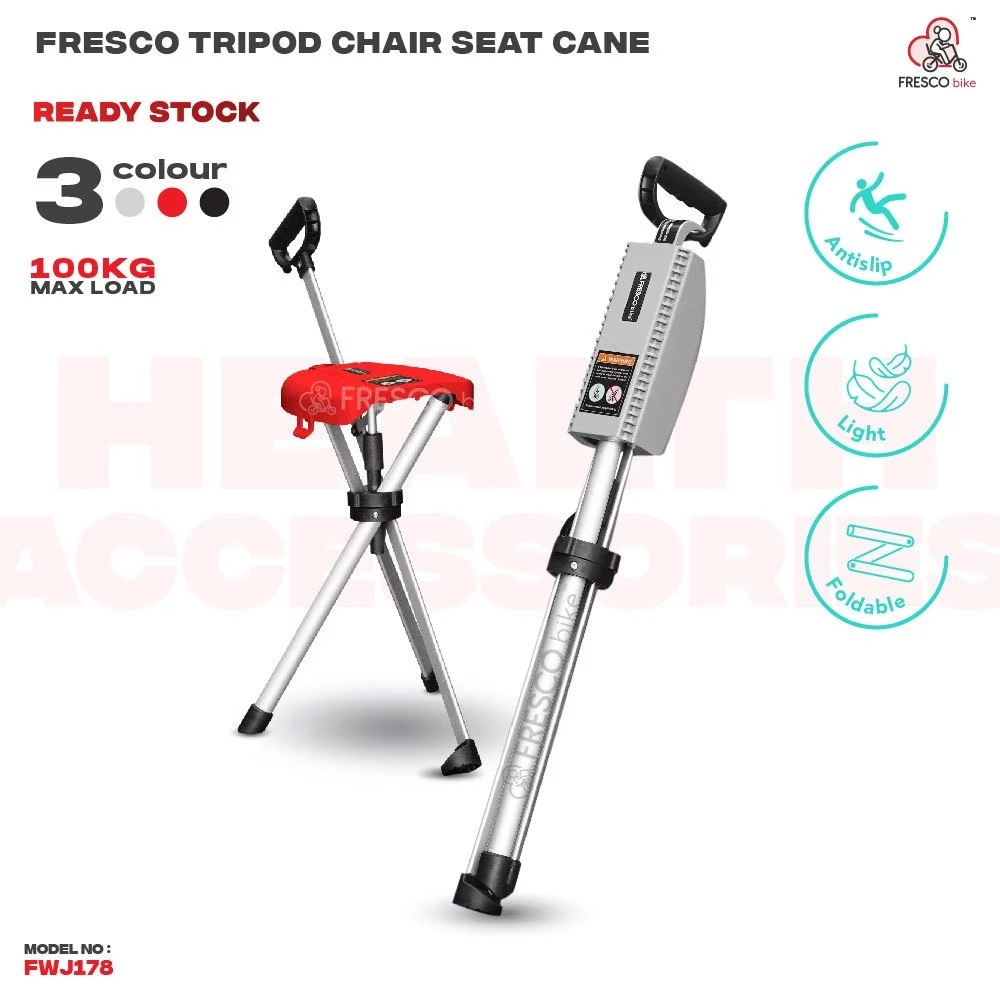 Fresco Tripod Chair Seat Cane FWJ178: Portable walking stick with built-in seat, ideal for rest and support.