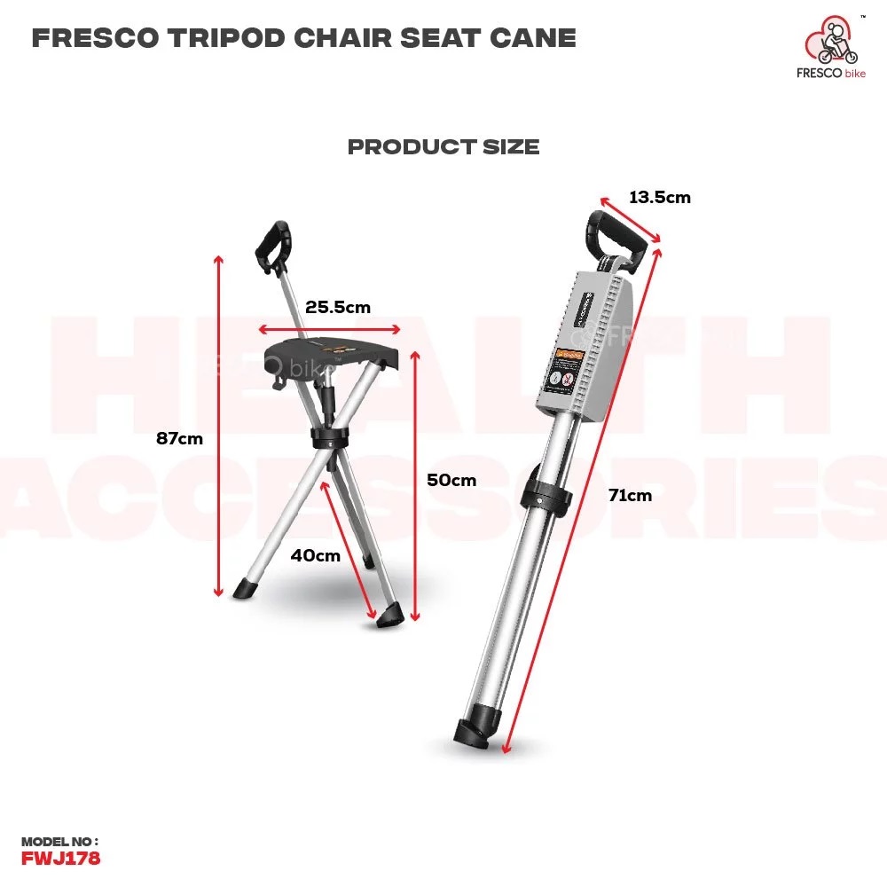 Tripod Chair Seat Cane FWJ178: Portable walking stick with built-in seat, ideal for rest and support.