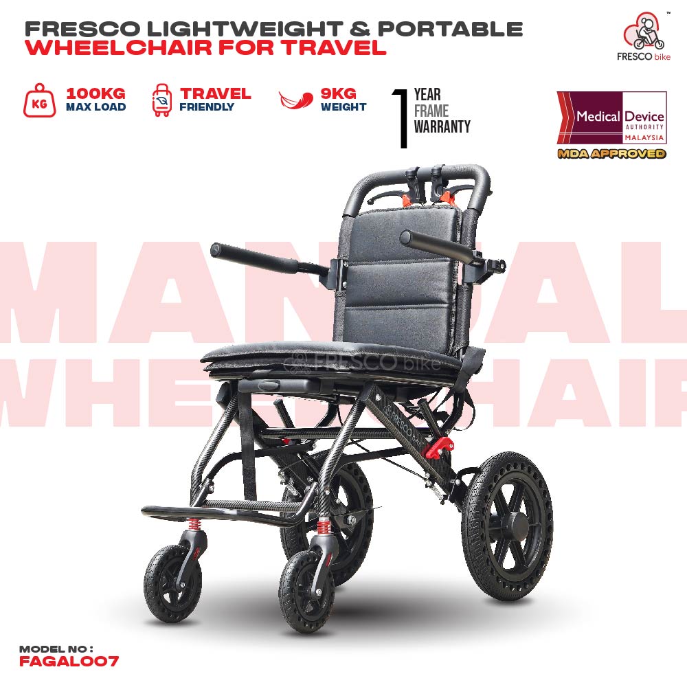 Lightweight 9kg FAGAL007C travel wheelchair, portable & easy to fold, 100kg max load, 1-year frame warranty.