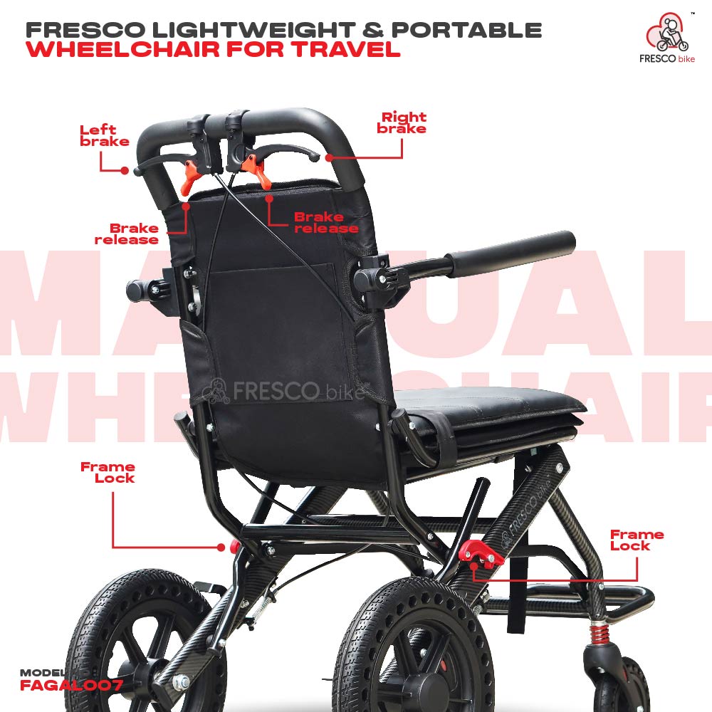 FAGAL007C Lightweight Portable Travel Wheelchair: 9kg, easy brakes, secure frame locks.