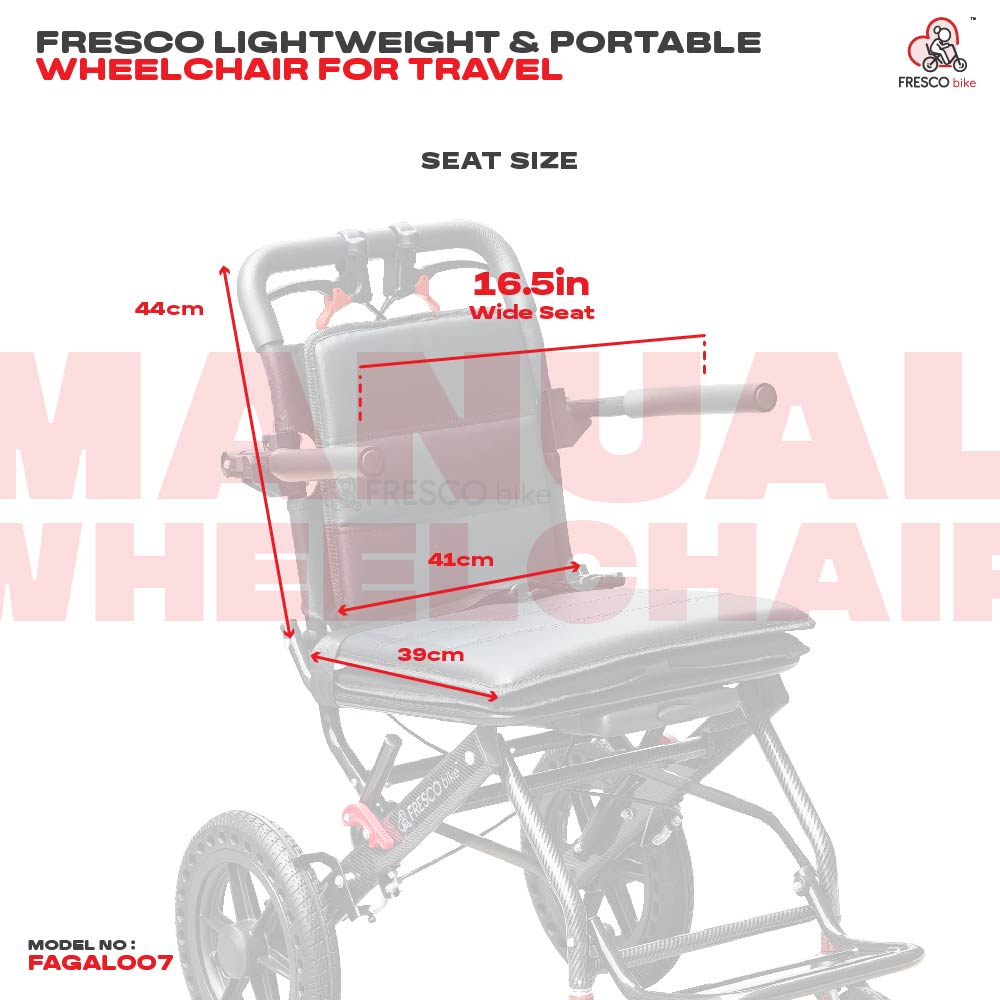 Fresco Lightweight Portable Wheelchair FAGALO07C: Ideal for travel, this 9kg wheelchair features a 16.5in wide seat.