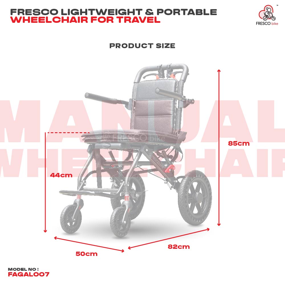 FAGAL007C Lightweight Portable Travel Wheelchair: 82x50x85cm, 44cm seat. Ideal for travel.