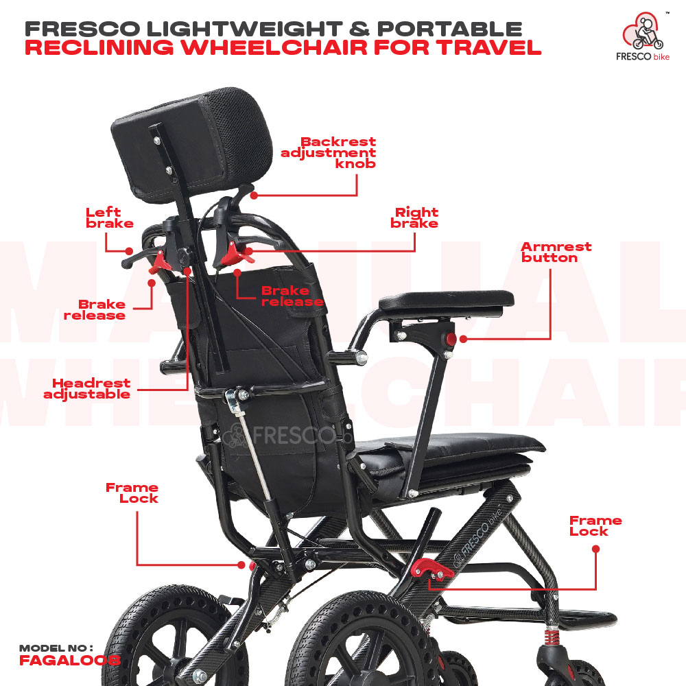 Fresco FAGAL008 Lightweight Wheelchair: 9kg portable reclining wheelchair for travel. Features adjustable backrest, headrest, armrests & brakes.