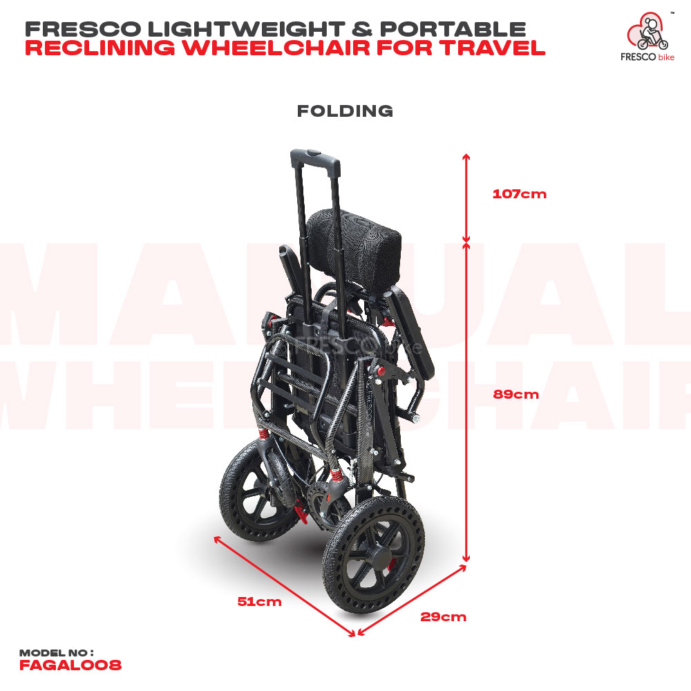 FAGAL008 Lightweight Wheelchair: 9kg portable, reclining, foldable travel wheelchair. Easy to fold for transport.