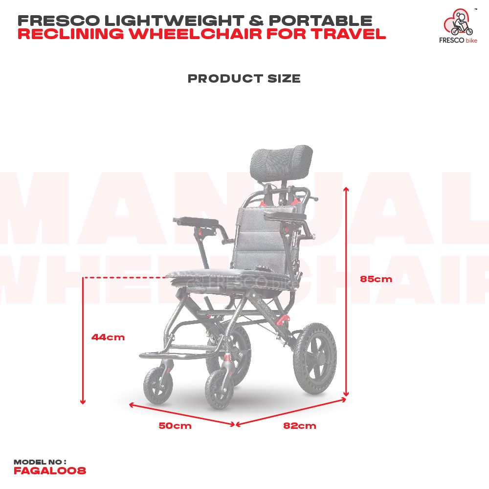 FAGAL008 Lightweight Wheelchair: 9kg portable reclining wheelchair for travel. Dimensions: 85cm H x 82cm W x 50cm D