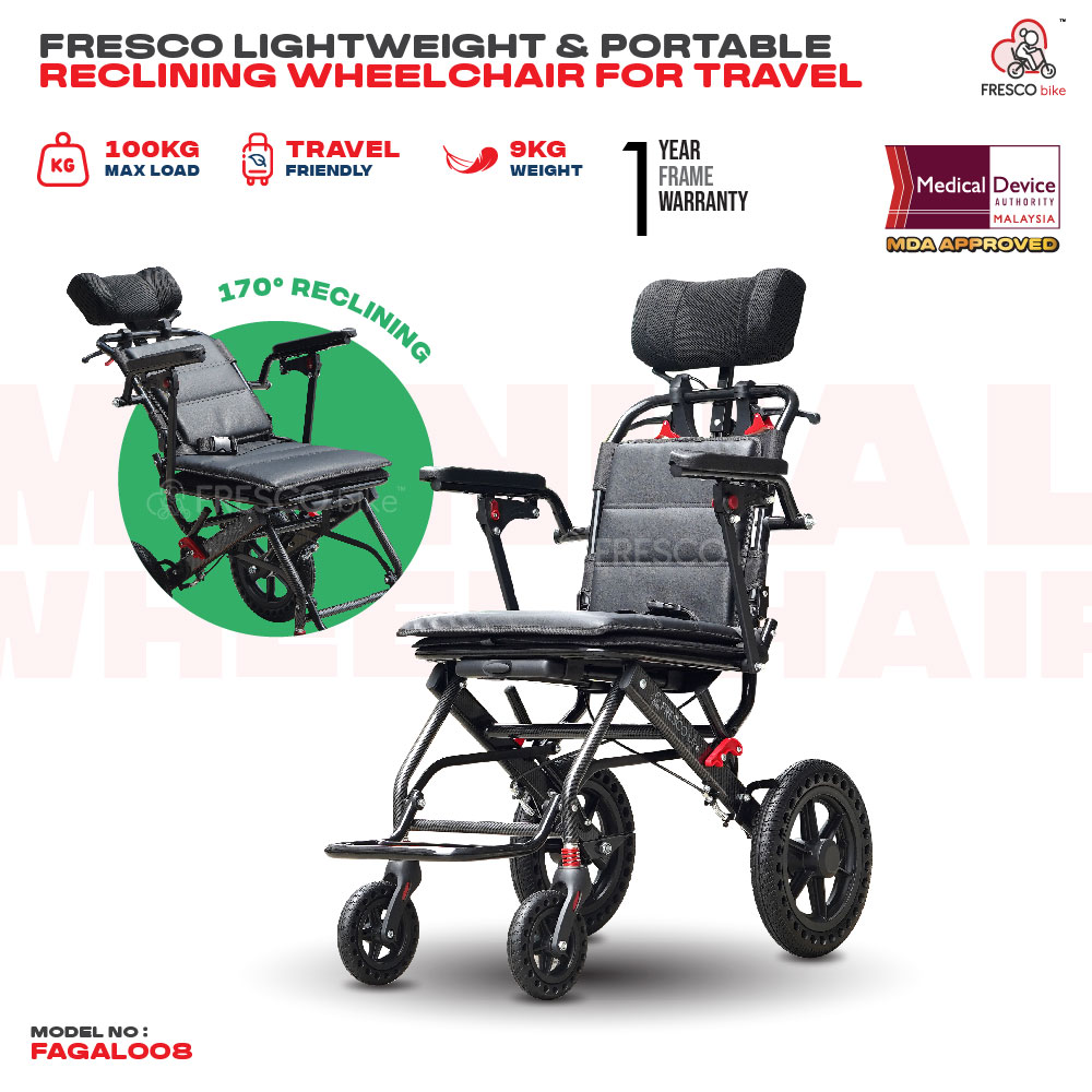 FAGAL008 Lightweight Wheelchair: 9kg portable reclining wheelchair for travel, 170° recline, 100kg max load.