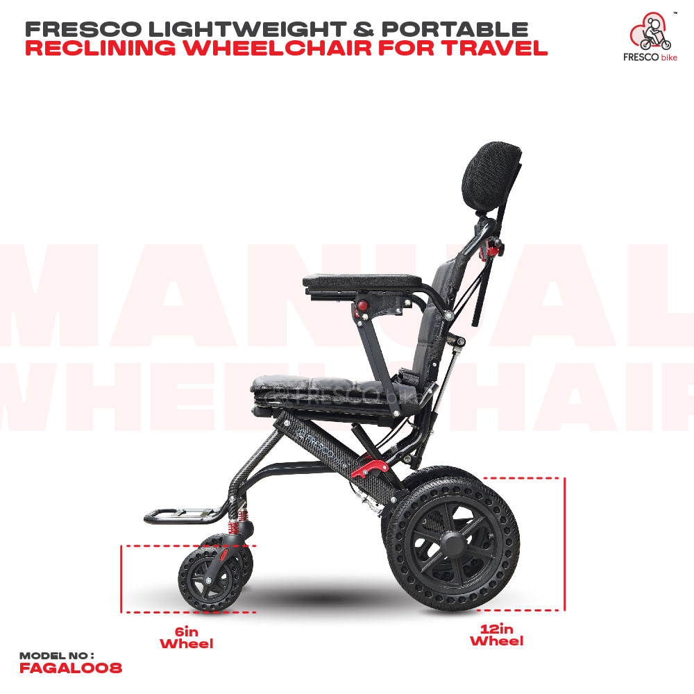 FAGAL008 Lightweight Wheelchair: 9kg portable reclining travel wheelchair, ideal for easy transport. Features 6" and 12" wheels.