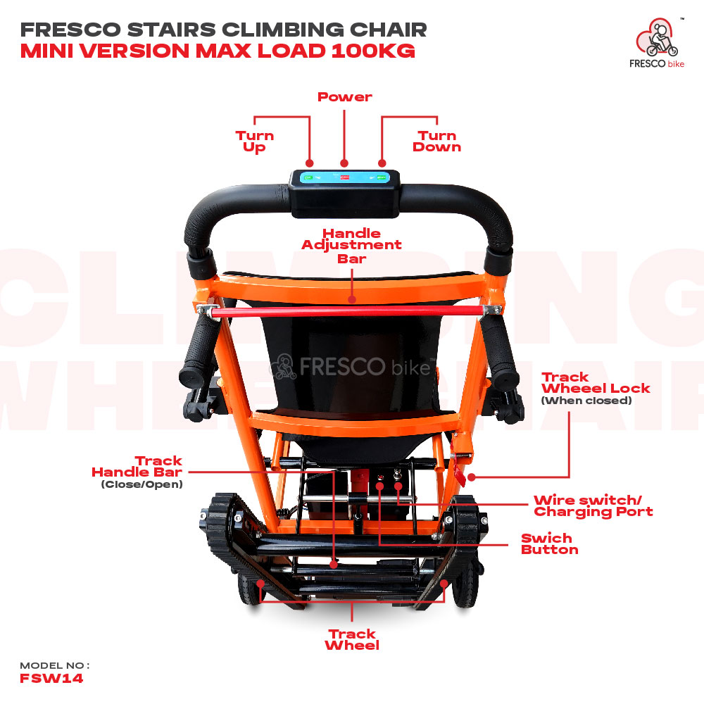 Mini Electric Stair Climbing Wheelchair FSW14: Lightweight stair climbing wheelchair for easy navigation of stairs. Features include track wheels, handle adjustment, and power controls.