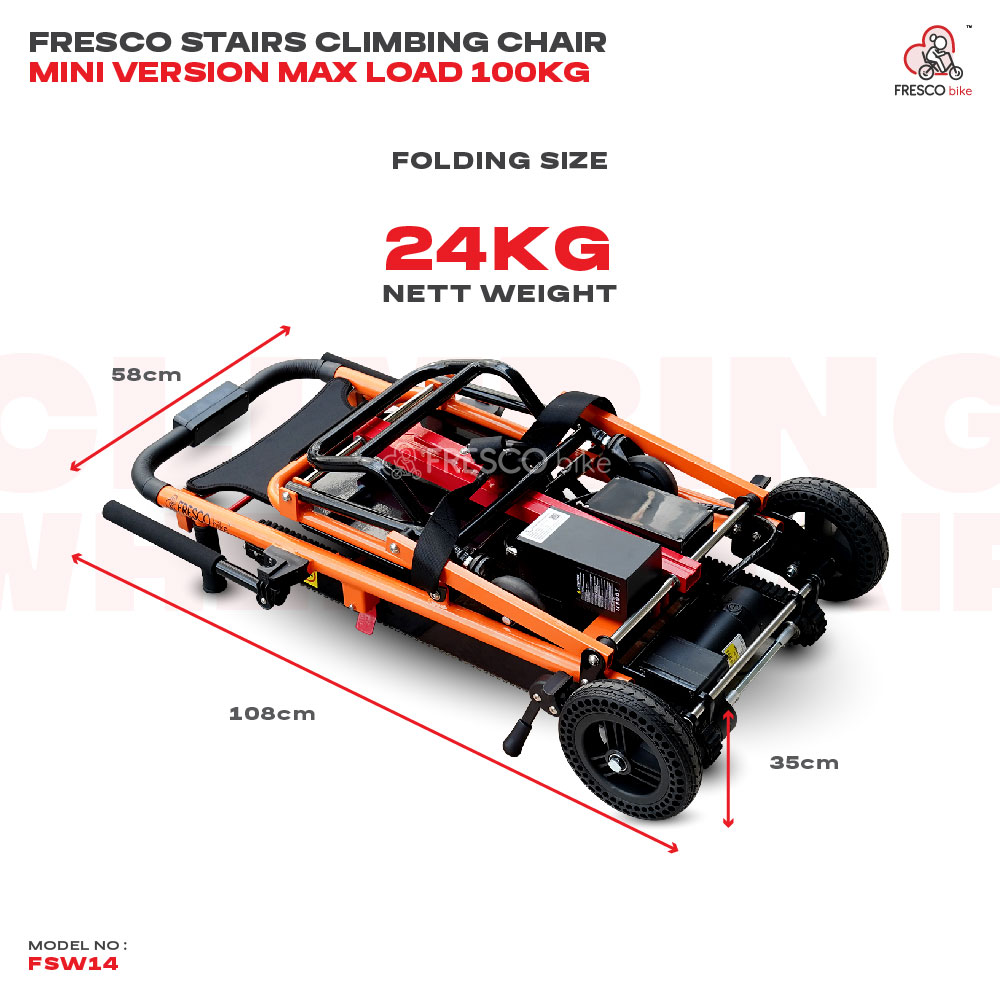 Mini Electric Stair Climbing Wheelchair FSW14: Lightweight stair climbing wheelchair, easily folds for storage. Max load 100kg.