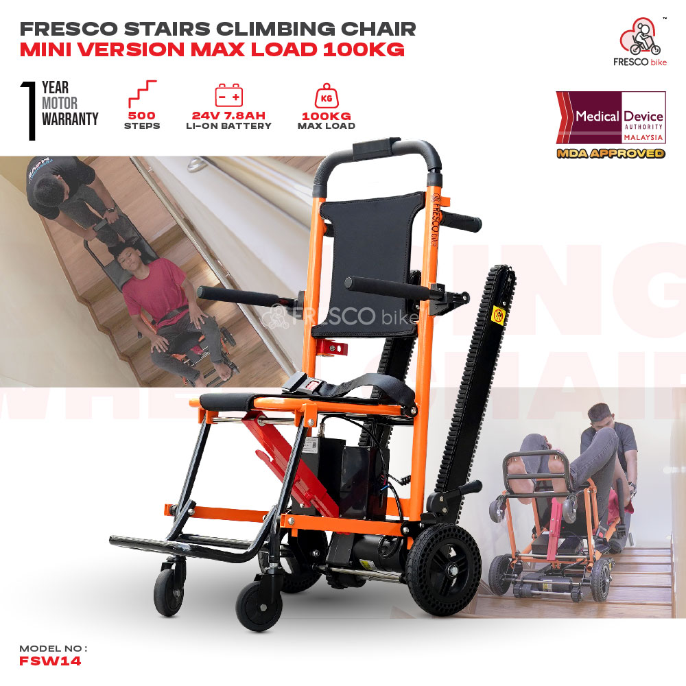 Mini Electric Stair Climbing Wheelchair FSW14: A lightweight stair climbing wheelchair, ideal for navigating stairs easily. Features a powerful motor and 24V battery.