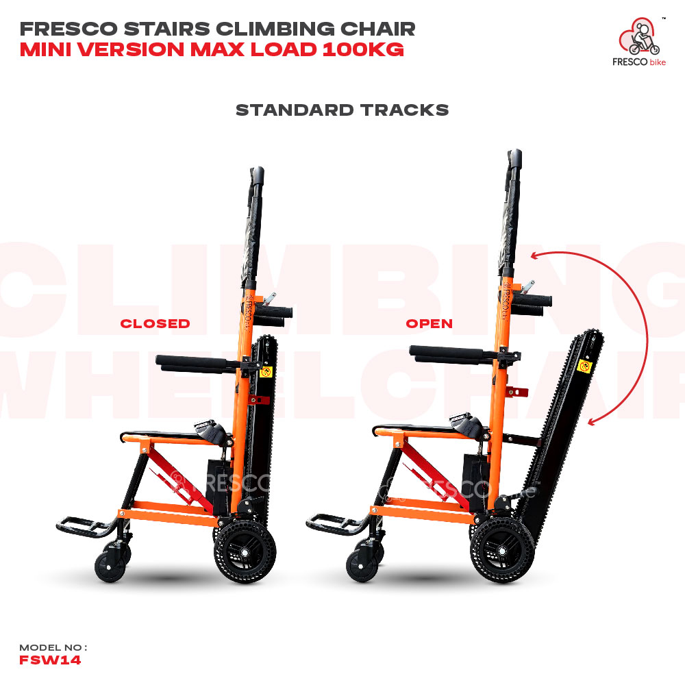 Mini Electric Stair Climbing Wheelchair FSW14: Compact stair climbing wheelchair, easily opens and closes for convenient stair navigation. Max 100kg load.
