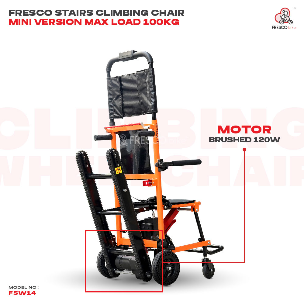 Mini Electric Stair Climbing Wheelchair FSW14: 120W motor, climbs stairs easily, max 100kg load. Stair climbing wheelchair for easy mobility.