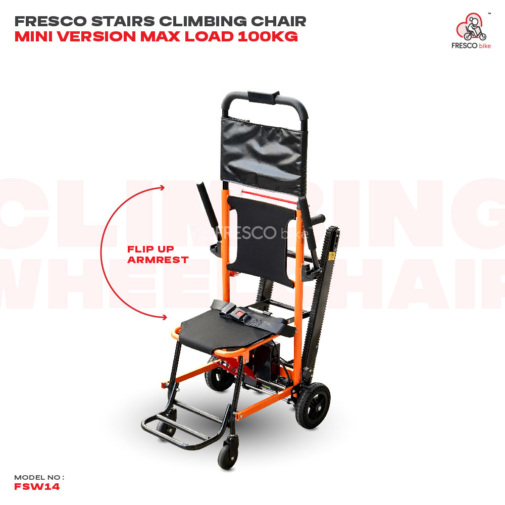 Mini Electric Stair Climbing Wheelchair FSW14: Lightweight stair climbing wheelchair for easy stair navigation. Features flip-up armrests and a max 100kg load.