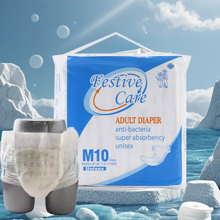 Festive Care M10 adult diapers; unisex, super absorbent, anti-bacterial. Waist size 28"-44".