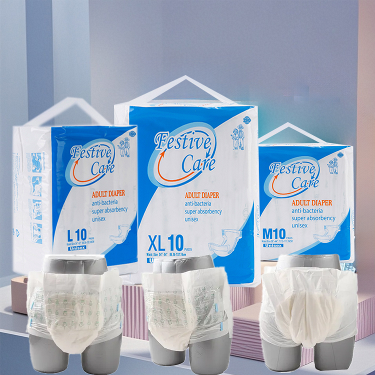 Festive Care adult diapers: L, XL, and M sizes shown. Anti-bacteria, super absorbent, unisex.