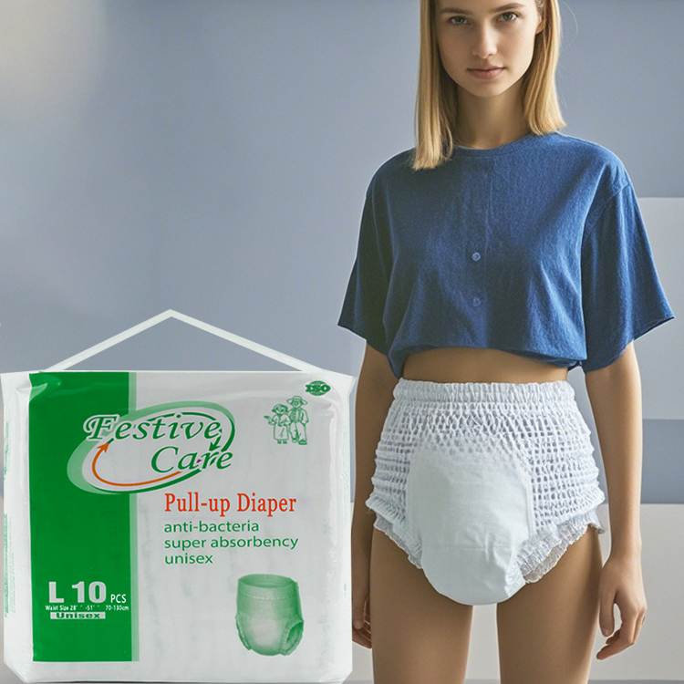 Woman wearing Festive Care adult pull-up diaper, L size. Adult diaper packaging shown.