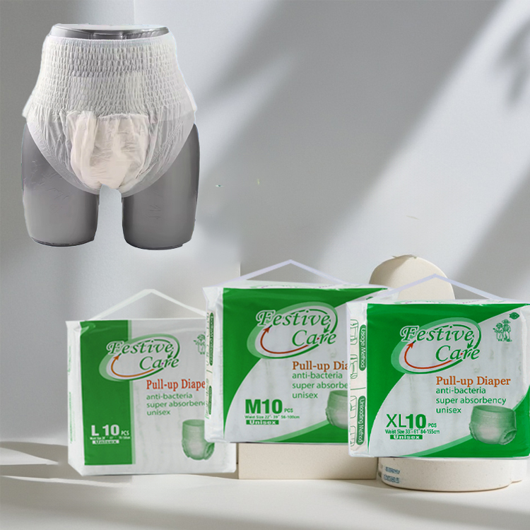 Festive Care adult diapers: L, M, XL sizes shown with a single diaper on a mannequin. Unisex, super absorbent, anti-bacterial.