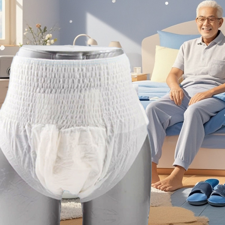 Fresco Bike adult diapers shown on a mannequin, with a senior man relaxing in the background.