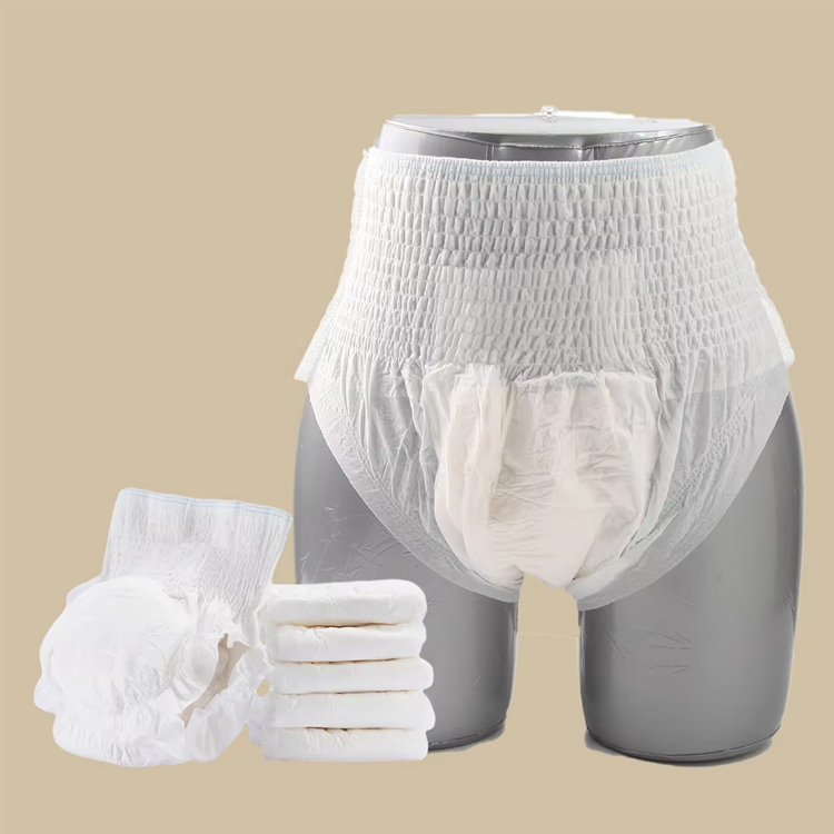 Fresco Bike adult diapers shown on a mannequin. A single diaper and a stack of diapers are also shown.