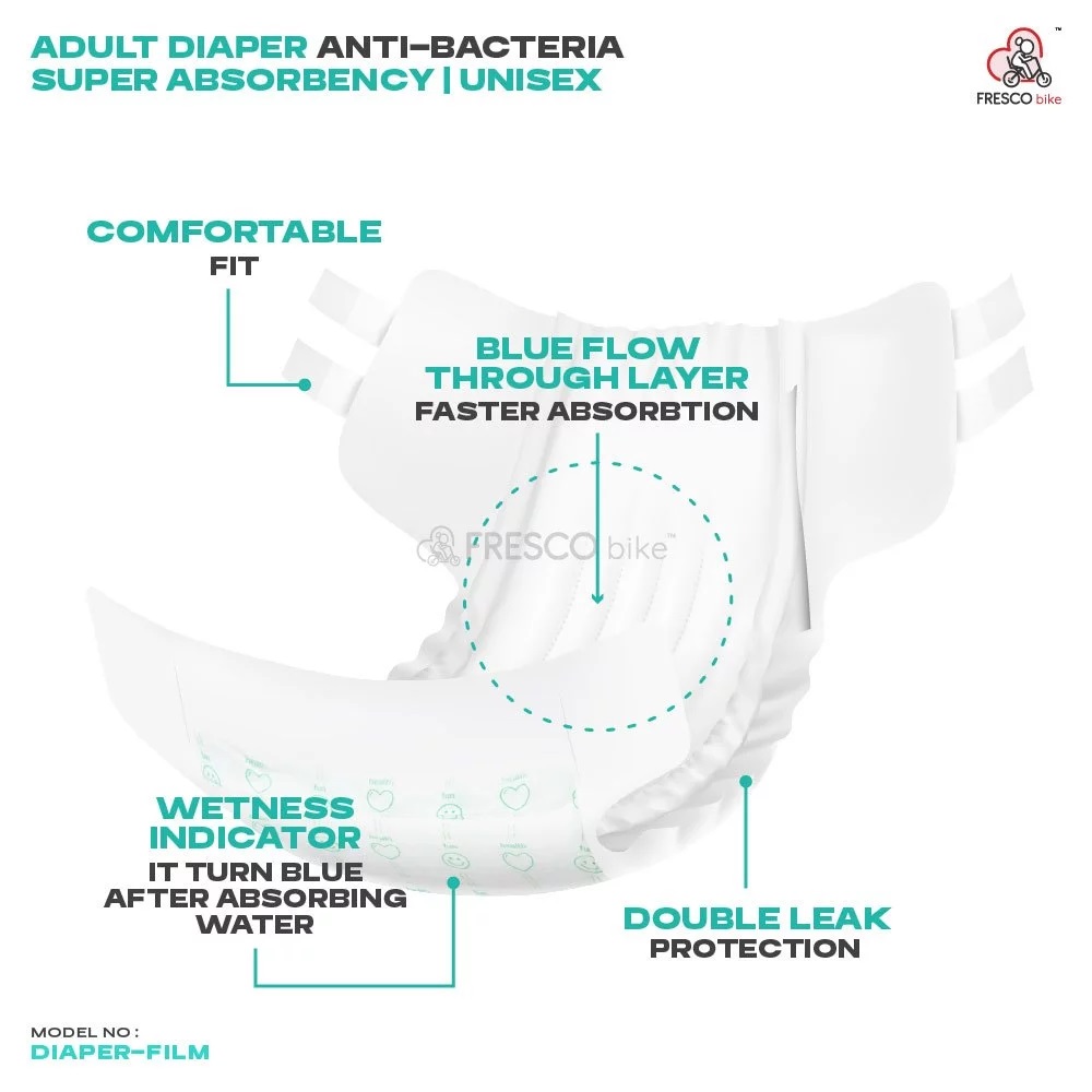 Adult Diaper Anti-Bacteria Super Absorbency Unisex DIAPER-FILM: Comfortable fit, blue flow layer, wetness indicator, and double leak protection.