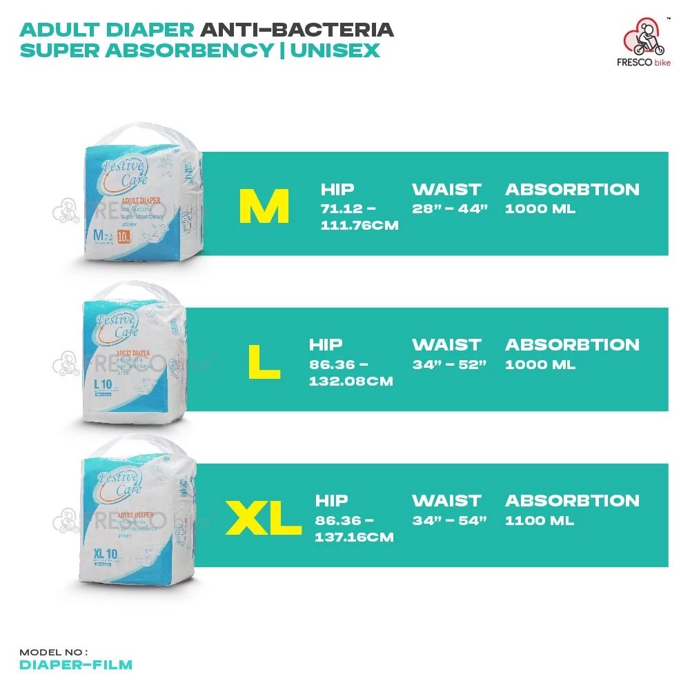 Adult Diaper Anti-Bacteria Super Absorbency Unisex DIAPER-FILM size chart for M, L, XL