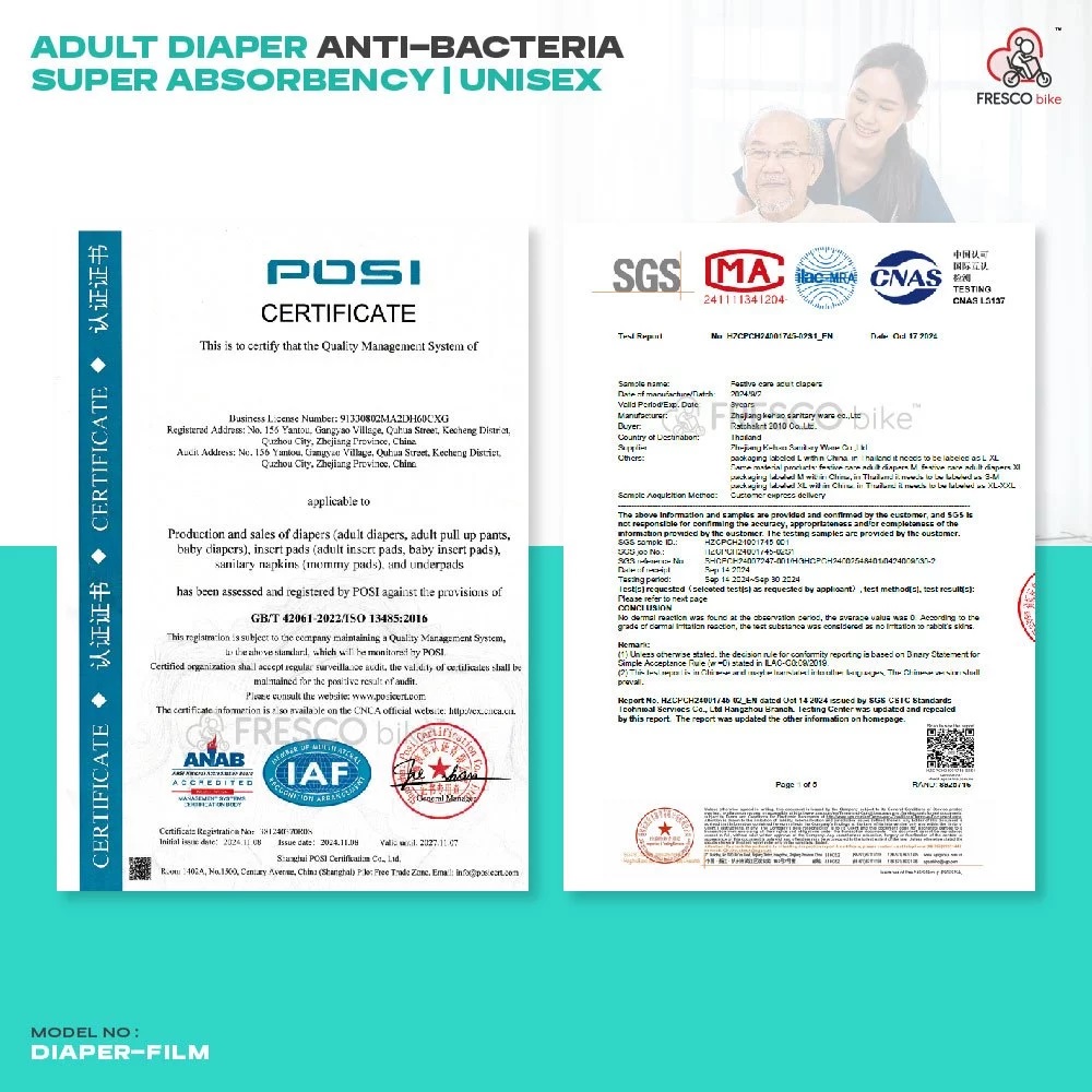 Adult Diaper Anti-Bacteria Super Absorbency Unisex DIAPER-FILM product certification