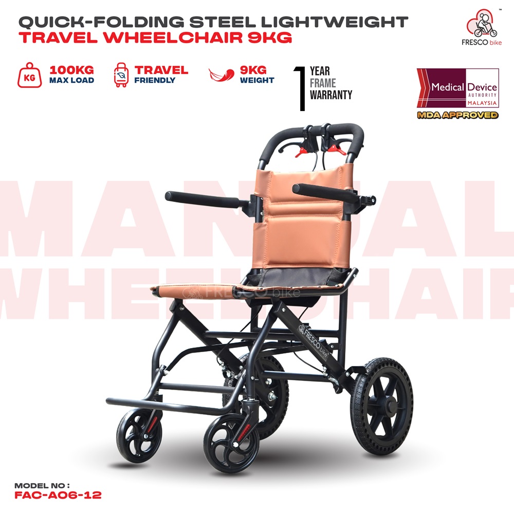 Travel Wheelchair 9kg Quick-Folding Steel Lightweight FAC-A06-12: Compact, foldable steel travel wheelchair.