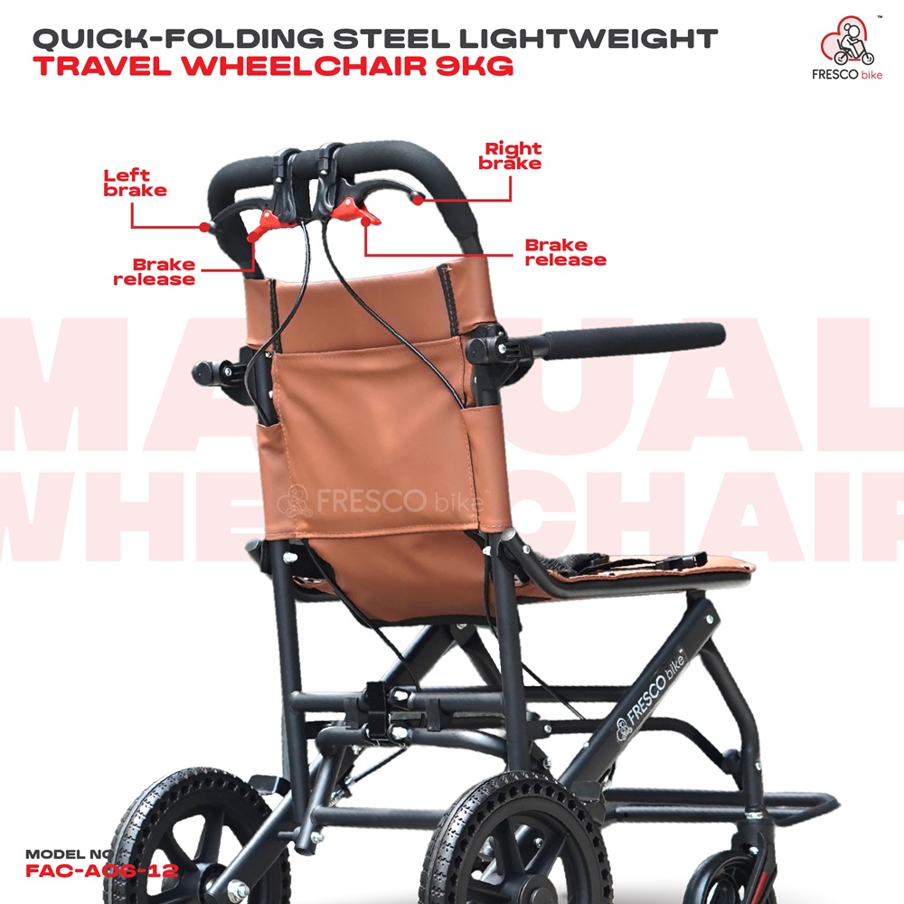Travel Wheelchair 9kg Quick-Folding Steel Lightweight FAC-A06-12. Easy to fold and transport.