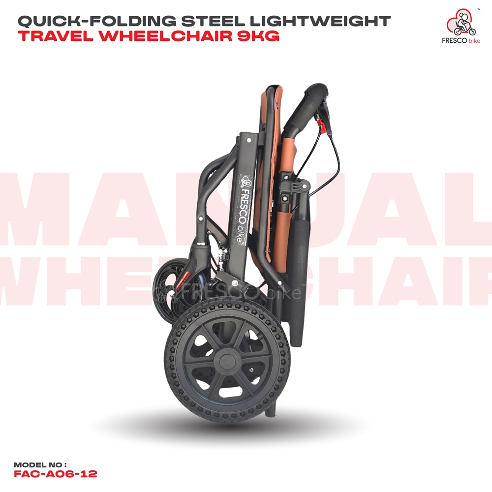 Travel Wheelchair 9kg Quick-Folding Steel Lightweight FAC-A06-12, folded for easy travel and storage.