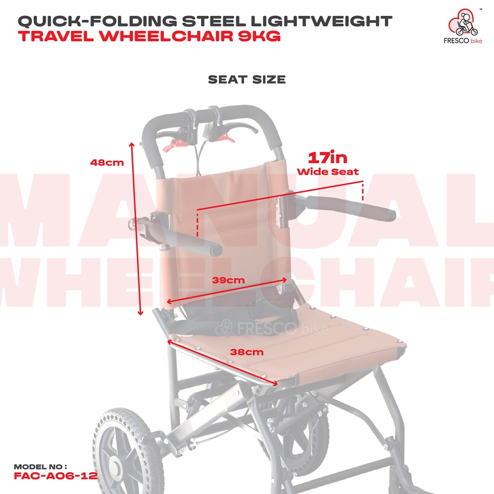 Travel Wheelchair 9kg Quick-Folding Steel Lightweight FAC-A06-12. Foldable, lightweight, and compact for easy travel.