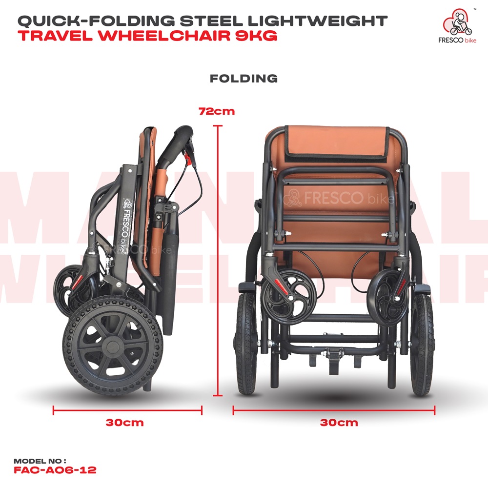 Travel Wheelchair 9kg Quick-Folding Steel Lightweight FAC-A06-12: Folded compact for travel, 30cm x 30cm x 72cm.