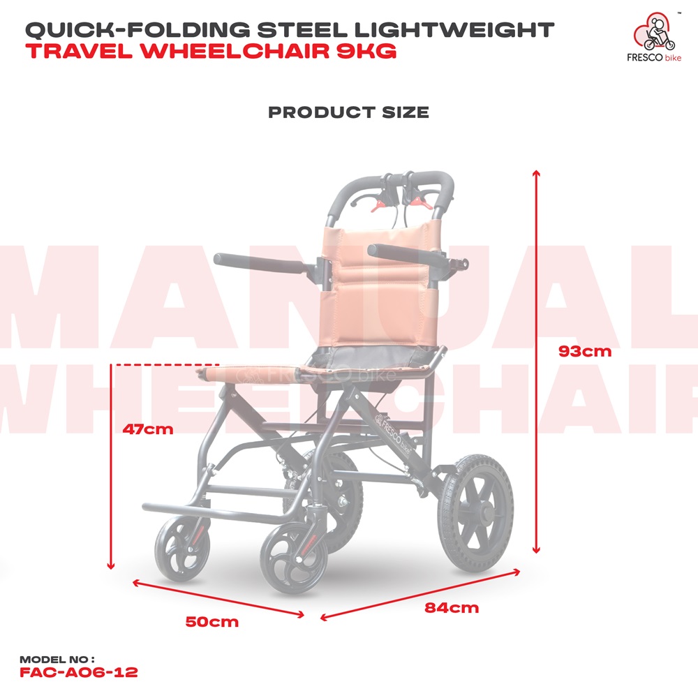 Travel Wheelchair 9kg Quick-Folding Steel Lightweight FAC-A06-12, product size dimensions shown