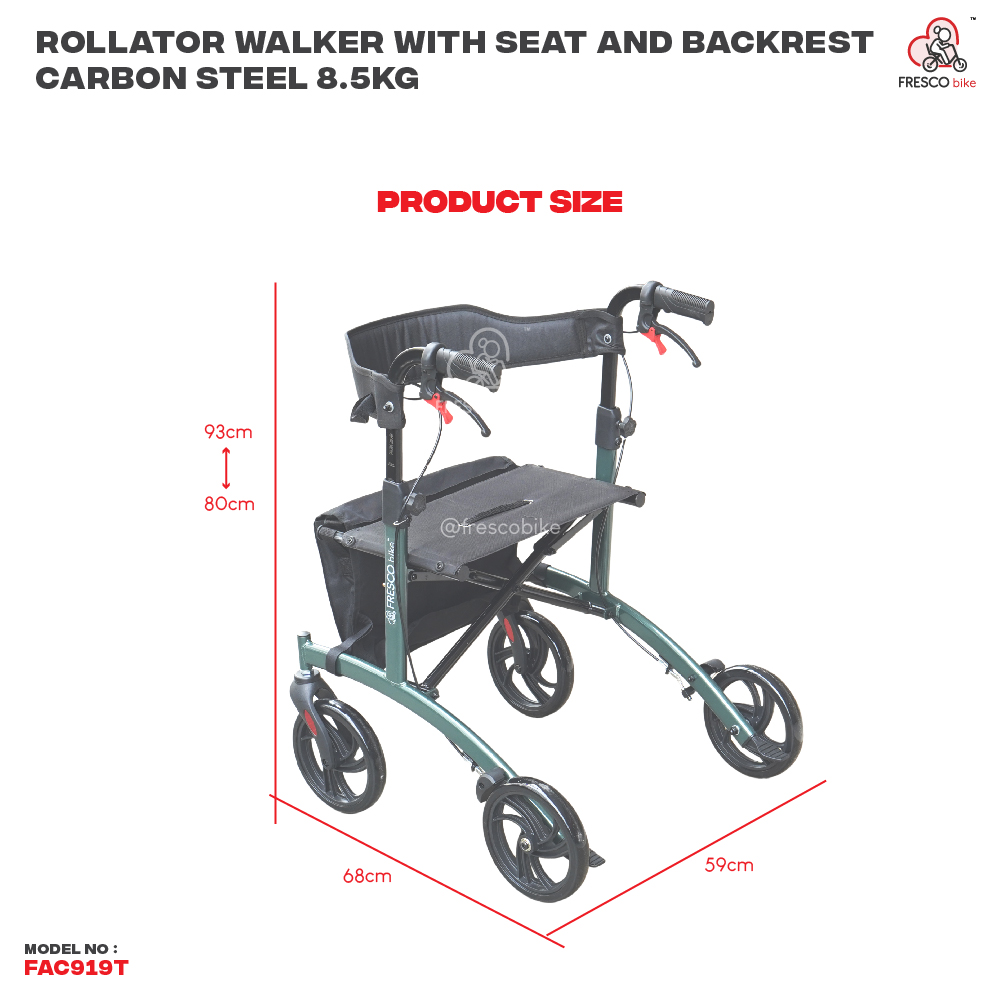 Rollator Walker With Seat Backrest: Carbon steel frame, 8.5kg, adjustable, foldable FAC919T