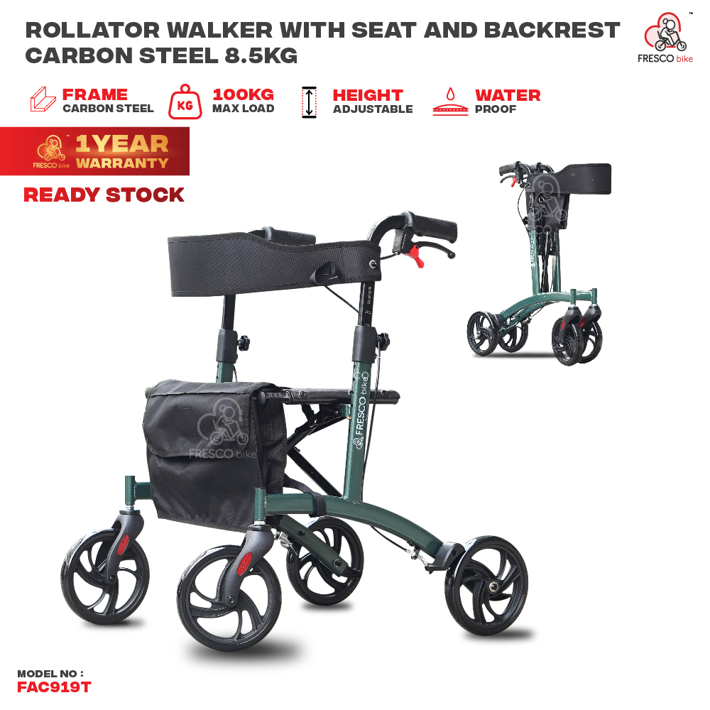 Rollator Walker FAC919T: Carbon steel frame, 8.5kg, with seat, backrest, adjustable height, and foldable design.