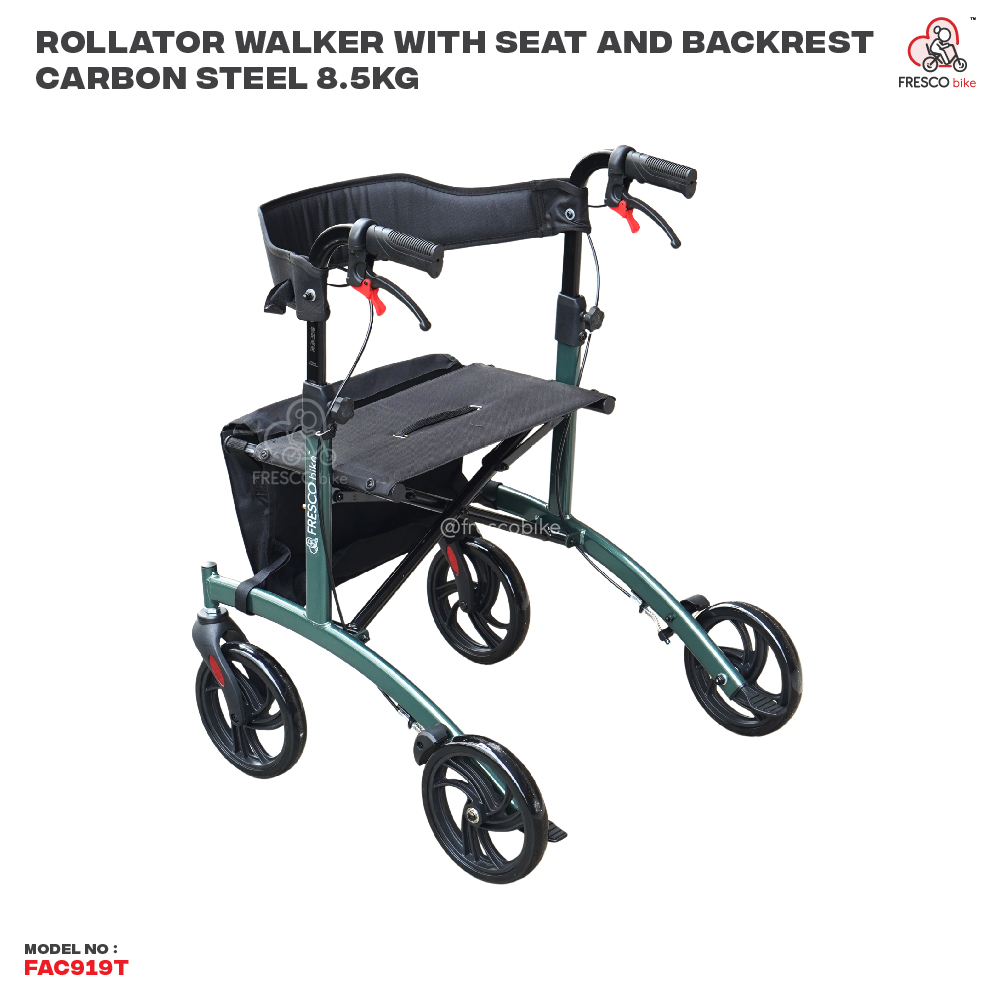Rollator Walker FAC919T: Carbon steel frame, 8.5kg, adjustable, foldable with seat and backrest.