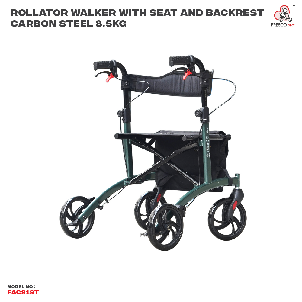 Rollator Walker FAC919T: Carbon steel frame, 8.5kg, with seat, backrest, adjustable, and foldable design.