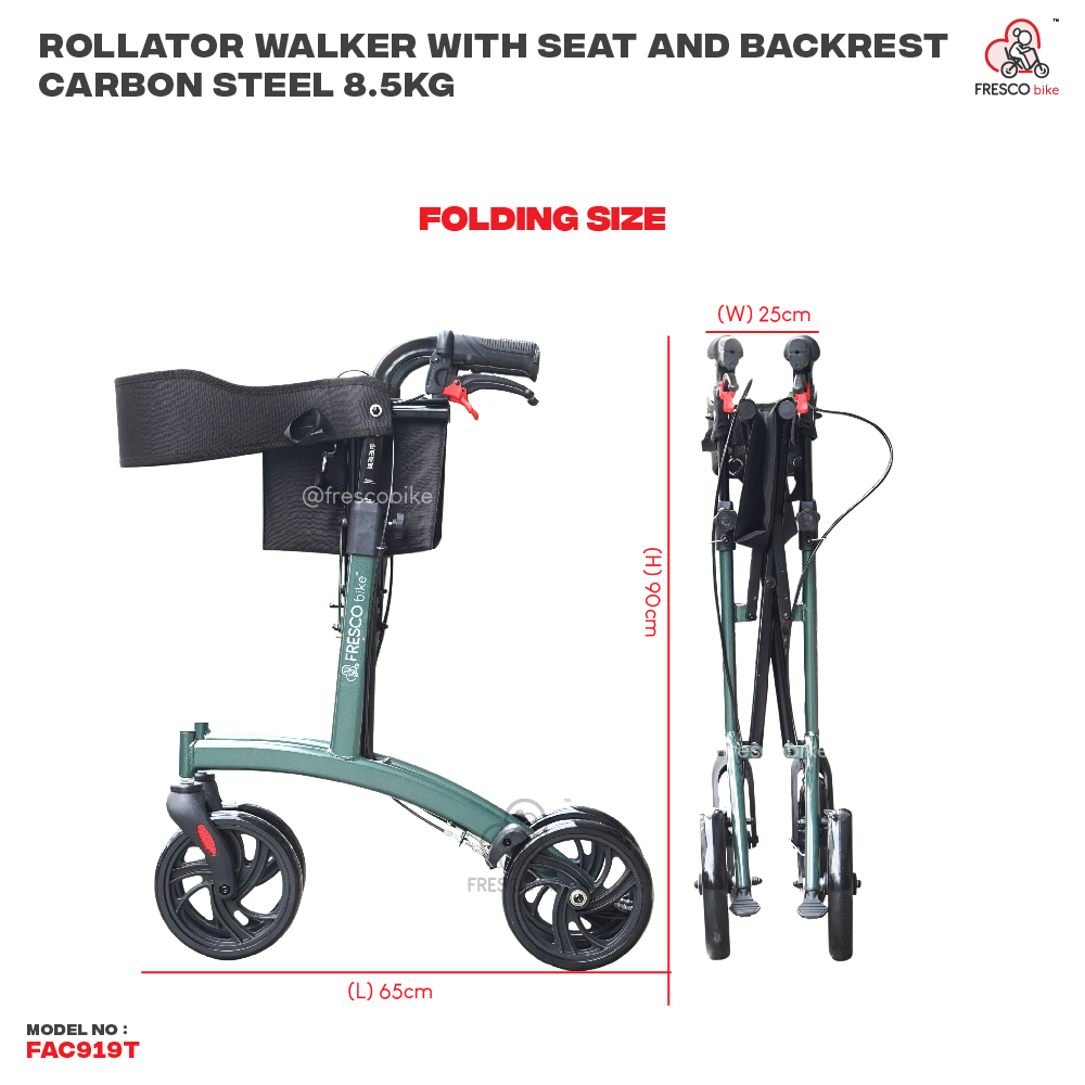 Rollator Walker With Seat Backrest Carbon Steel Frame 8.5kg Adjustable Foldable FAC919T