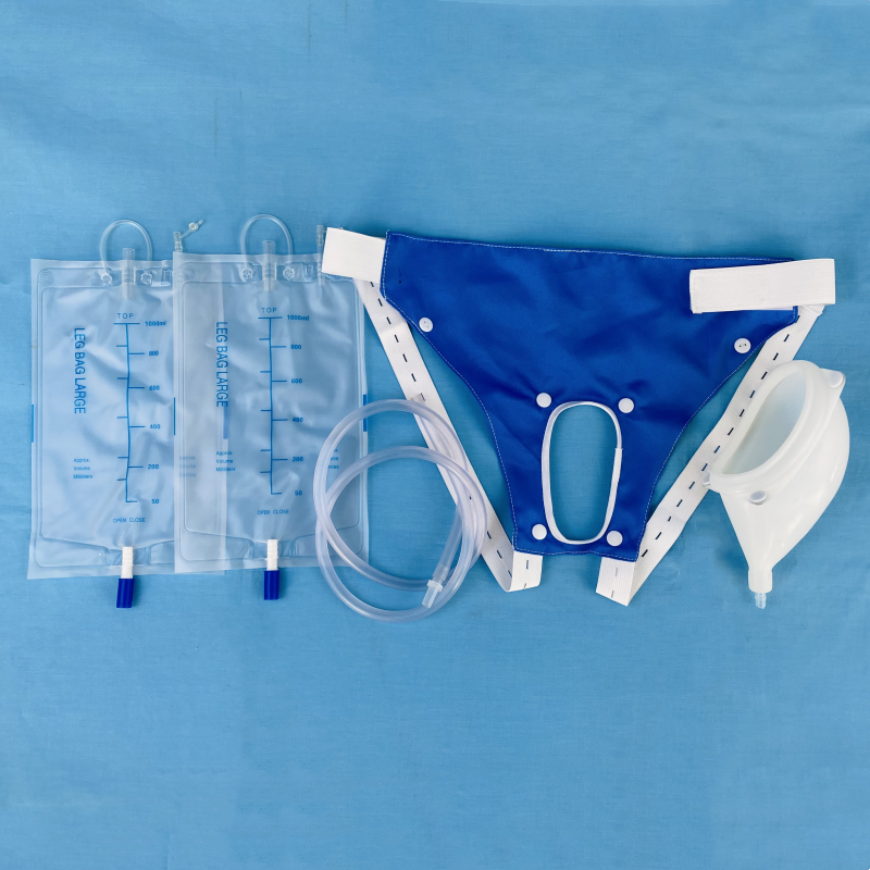 Fresco Bike Urine Collection system: wearable urine collector, urine bag, and leg bags for elderly care.