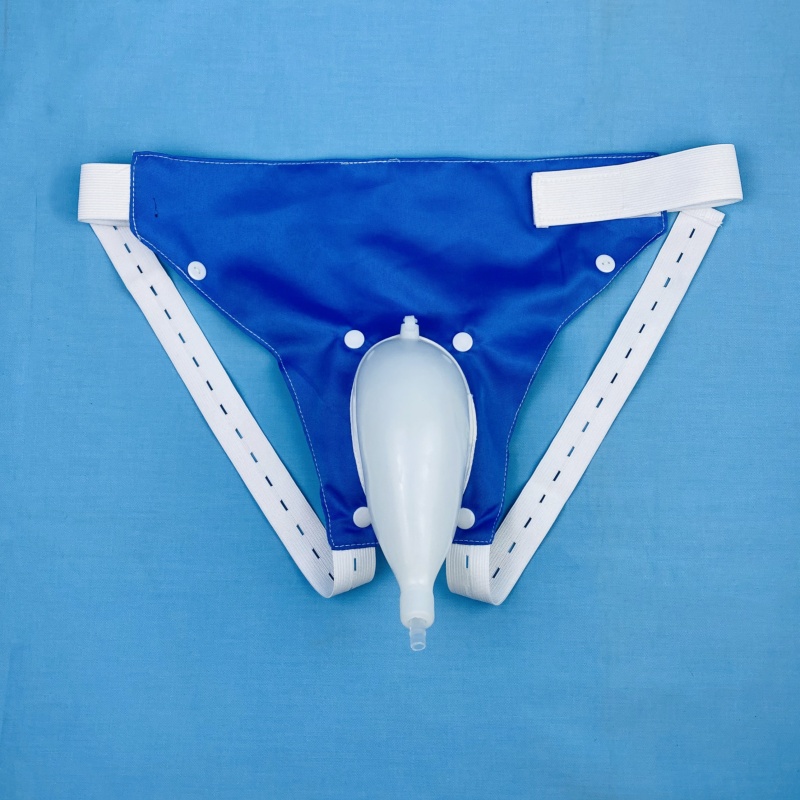 Fresco Bike Urine Collection device, a wearable urine collector with a blue fabric base and attached urine bag.