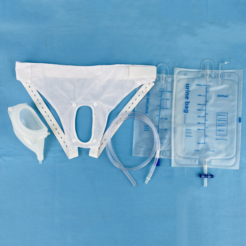 Fresco Bike Urine Collection system components: urine bag, wearable urine collector, and leg bag.