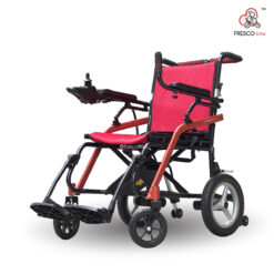 A 15kg Electric Wheelchair Aluminium with a red seat.