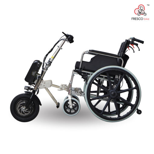 An Electric Wheelchair To Manual Wheelchair Front Connect Scooter with wheels on a white background.