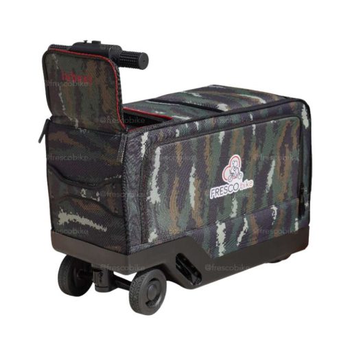 The Fresco T1 Smart Luggage Electric Scooter features a camouflage pattern, small wheels, a handle for pulling, and advanced smart luggage functionality, making it ideal for carrying gear.