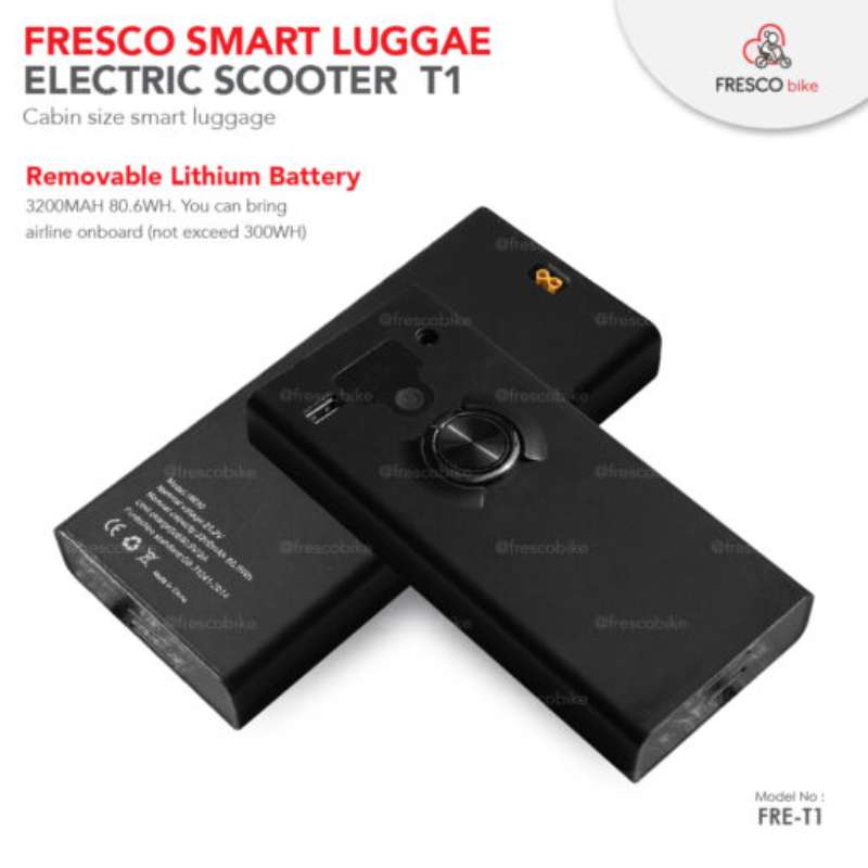 A Fresco T1 Smart Luggage Electric Scooter featuring two removable lithium batteries with detailed specifications and brand information.
