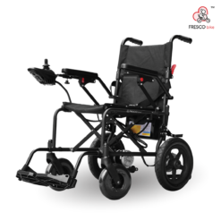 A Fresco Bike Electric Wheelchair 25KG Lightweight Foldable FRH001F equipped with wheels and a seat.