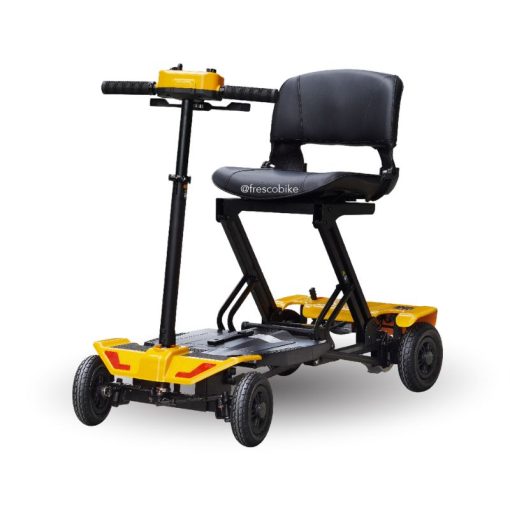 Introducing the Fresco X9 Auto Folding Electric Scooter 4 Wheel: this yellow and black mobility scooter boasts a cushioned seat and handlebar, designed for personal transportation. Enjoy the convenience of an auto-folding electric scooter that seamlessly combines comfort and innovation.