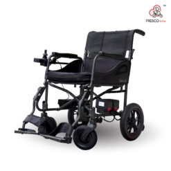 A black Fresco 12kg Electric Wheelchair Motorized with wheels on a white background.