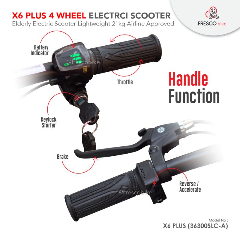 Image showing the handle functions of the Fresco X6 Plus Electric Scooter 4 Wheel Lightweight 21kg, including the battery indicator, throttle, keylock starter, brake, and reverse/accelerate switch. Model X6 Plus (36300SLC-A).